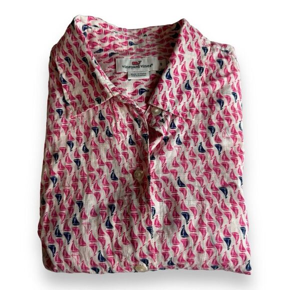 Women's Vineyard Vines Multicolor Sail Boat Pattern Button Up Shirt Collared 6 - Picture 2 of 9